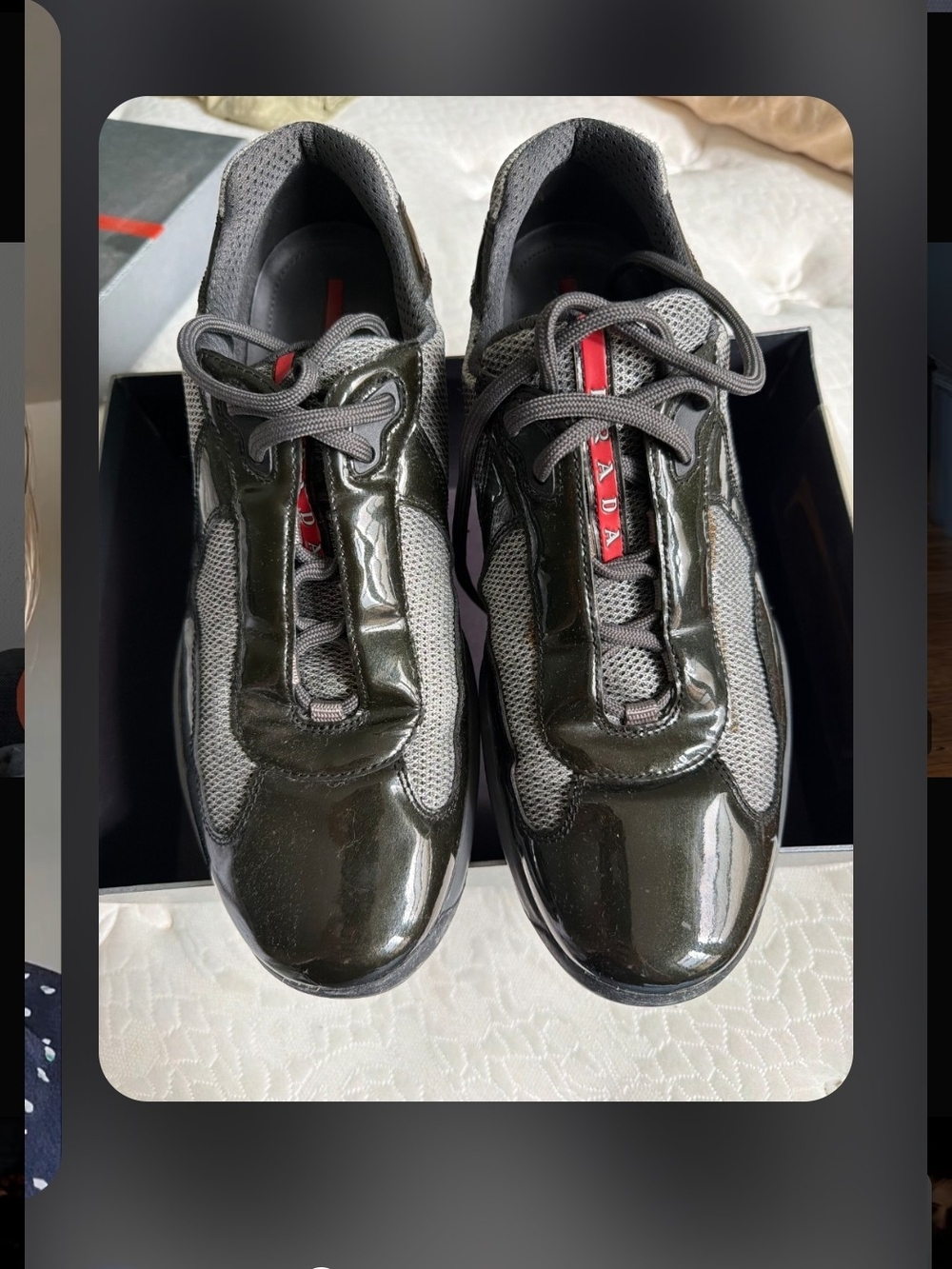 Prada Men's Glossy Black & Gray Mesh Lace-Up Sneakers with Red Logo Stripe